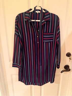 Sunoco T2 Striped Navy, Red & Cream Button-Up Tunic Dress with belt